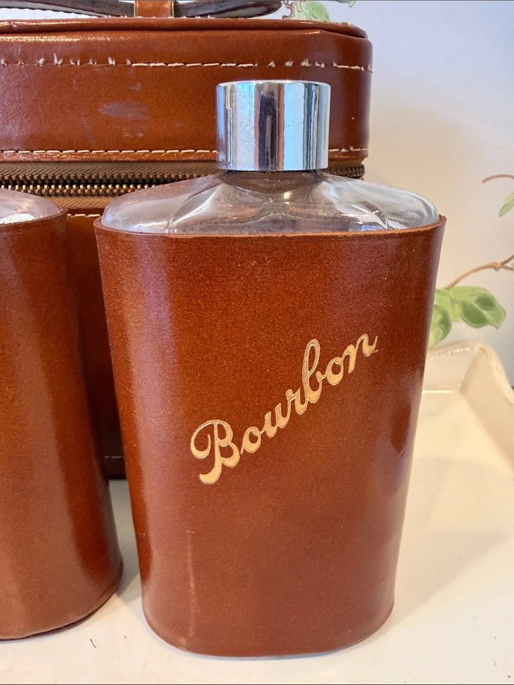 Vintage Leather Travel Bar Flask Case by Tommy Traveler